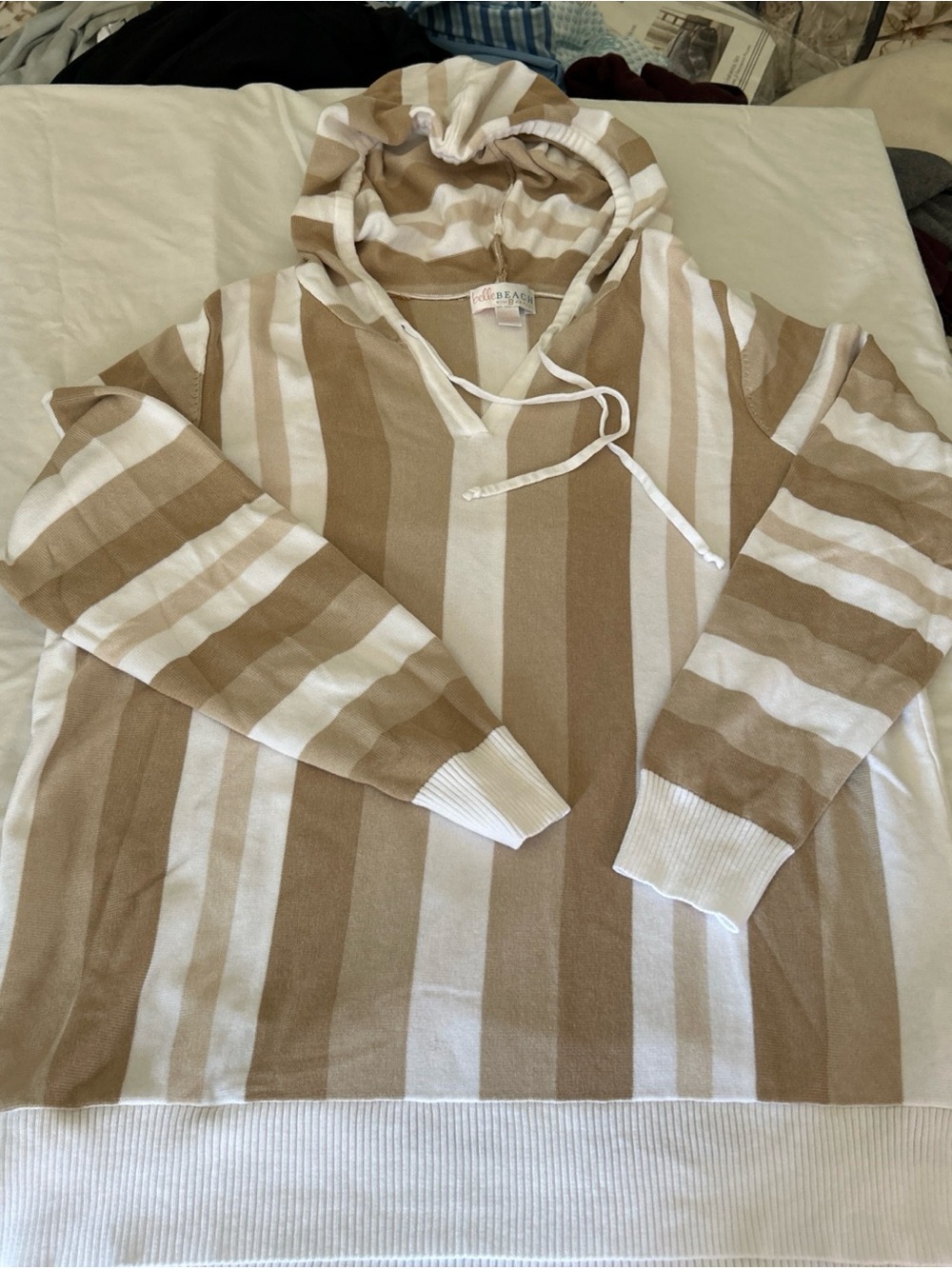 Belle by Kim Gravel Beige & White Striped Hooded Sweater